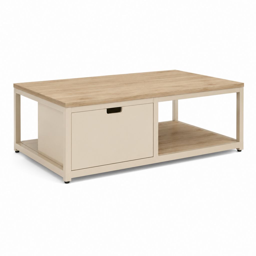 Tavolino da caffè rettangolare beige e rovere chiaro in pannello truciolare 100 x 60 x 45 cm con cassetto e ripiano