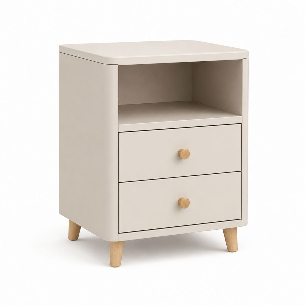 Comodino 2 cassetti beige in MDF con gambe in legno massello 45 x 35 x 60 cm
