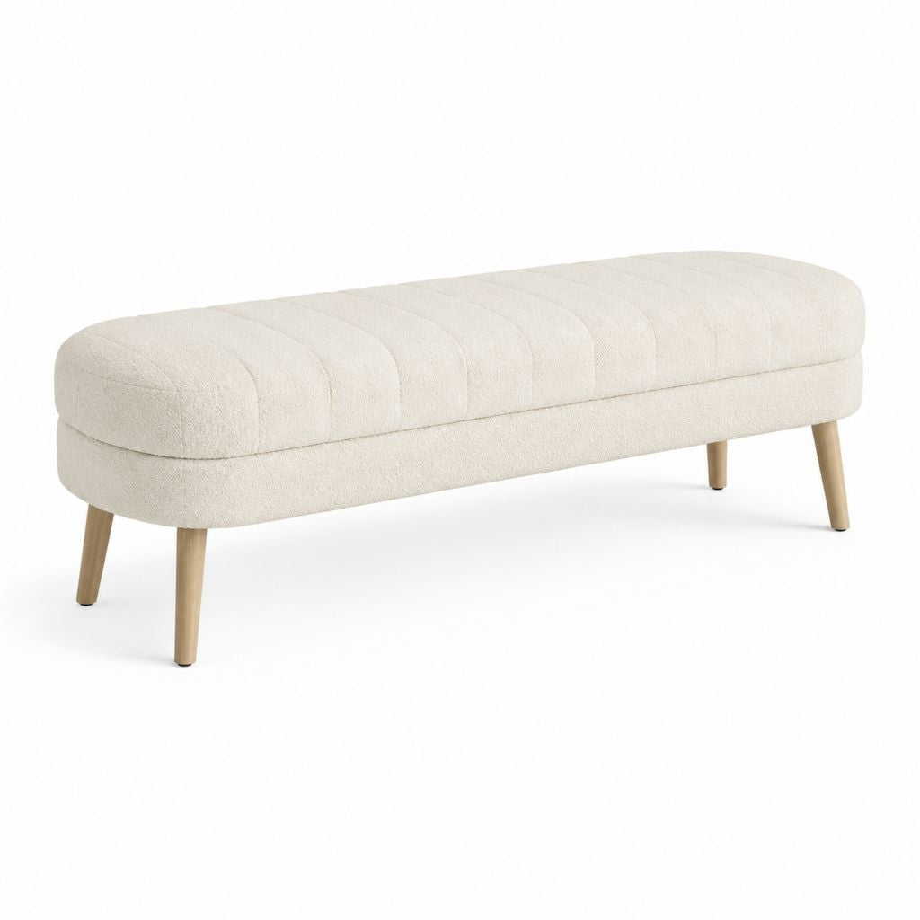 Panca fondoletto imbottita bianco crema in poliestere bouclé con gambe in legno massello 120 x 40 x 45 cm
