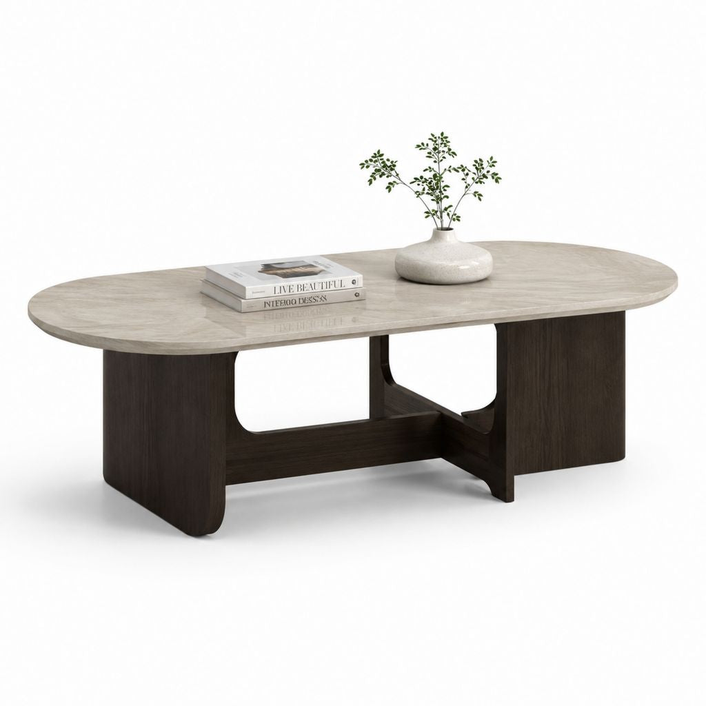 Tavolino da caffè ovale beige e noce in MDF 120 x 60 x 45 cm