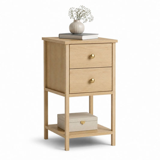 Comodino con 2 cassetti in rovere chiaro e ripiano inferiore 40 x 35 x 70 cm