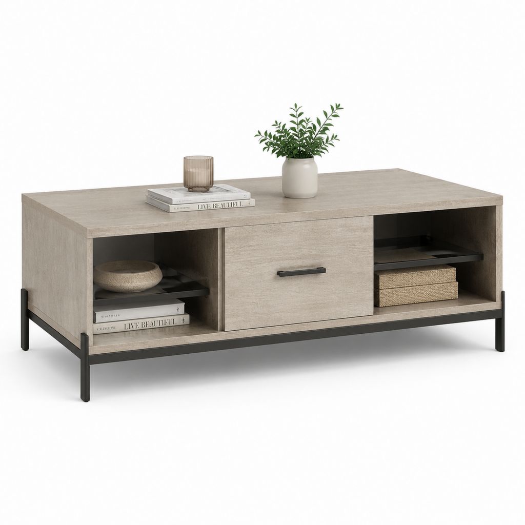 Tavolino da caffè con contenitore grigio rovere in pannello truciolare melaminico rettangolare 120 x 60 x 45 cm