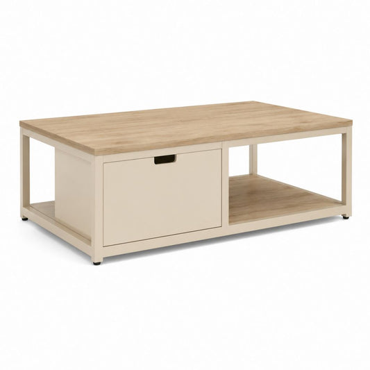 Tavolino da caffè rettangolare beige e rovere chiaro in pannello truciolare 100 x 60 x 45 cm con cassetto e ripiano