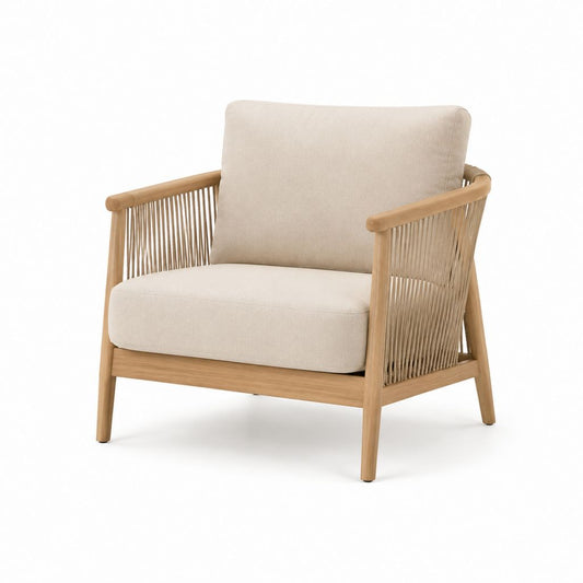 Poltrona da soggiorno beige con struttura in legno massello e corda intrecciata 72 x 75 x 78 cm