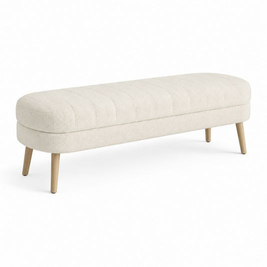 Panca fondoletto imbottita bianco crema in poliestere bouclé con gambe in legno massello 120 x 40 x 45 cm