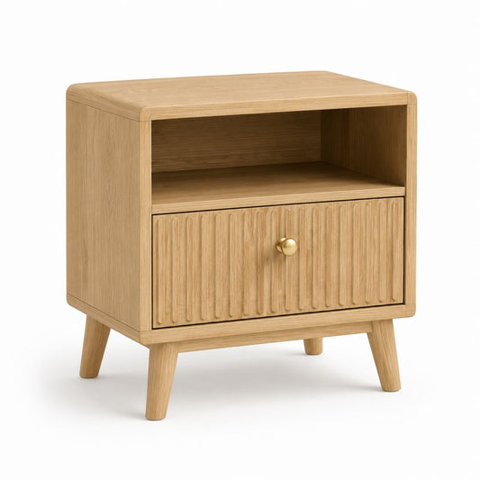 Comodino in MDF impiallacciato rovere naturale con vano aperto e anta 45 x 40 x 55 cm