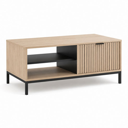 Tavolino da caffè rettangolare rovere chiaro e nero in pannello truciolare 100 x 50 x 45 cm con anta e ripiani