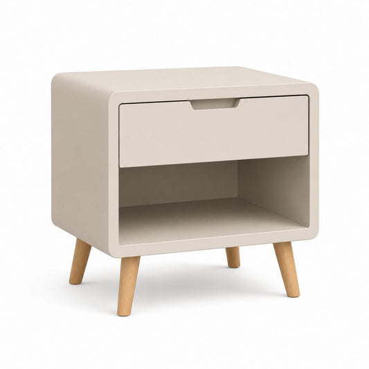 Comodino con cassetto avorio in MDF e gambe in legno massello rettangolare 50 x 40 x 55 cm