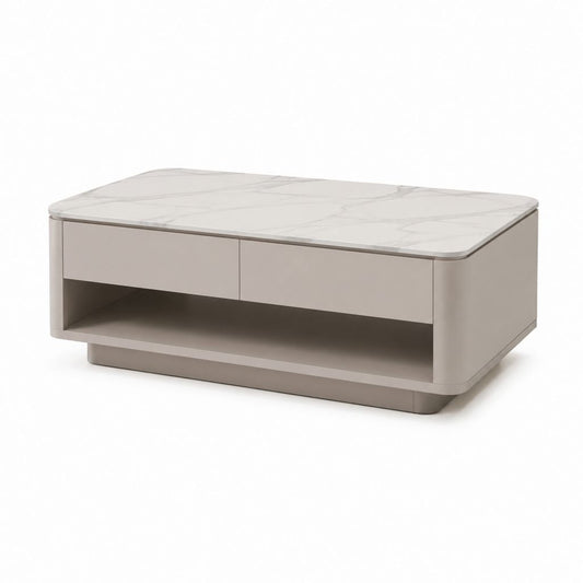 Tavolino da caffè rettangolare beige con piano effetto marmo e 2 cassetti 120 x 60 x 42 cm