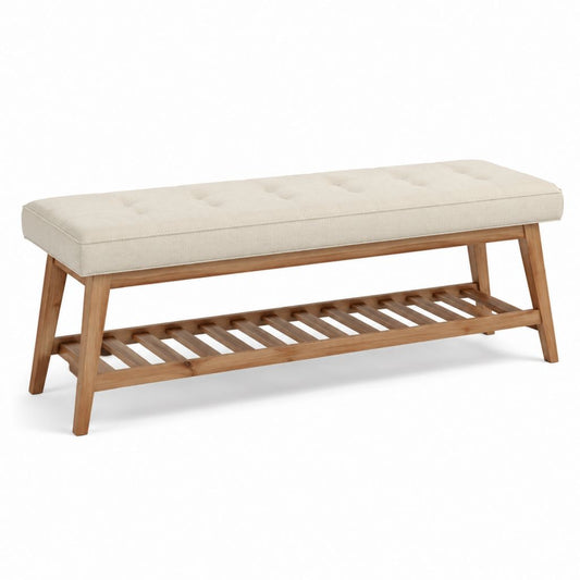 Panca fondoletto beige in legno massello di acacia con cuscino imbottito e ripiano 120 x 40 x 45 cm