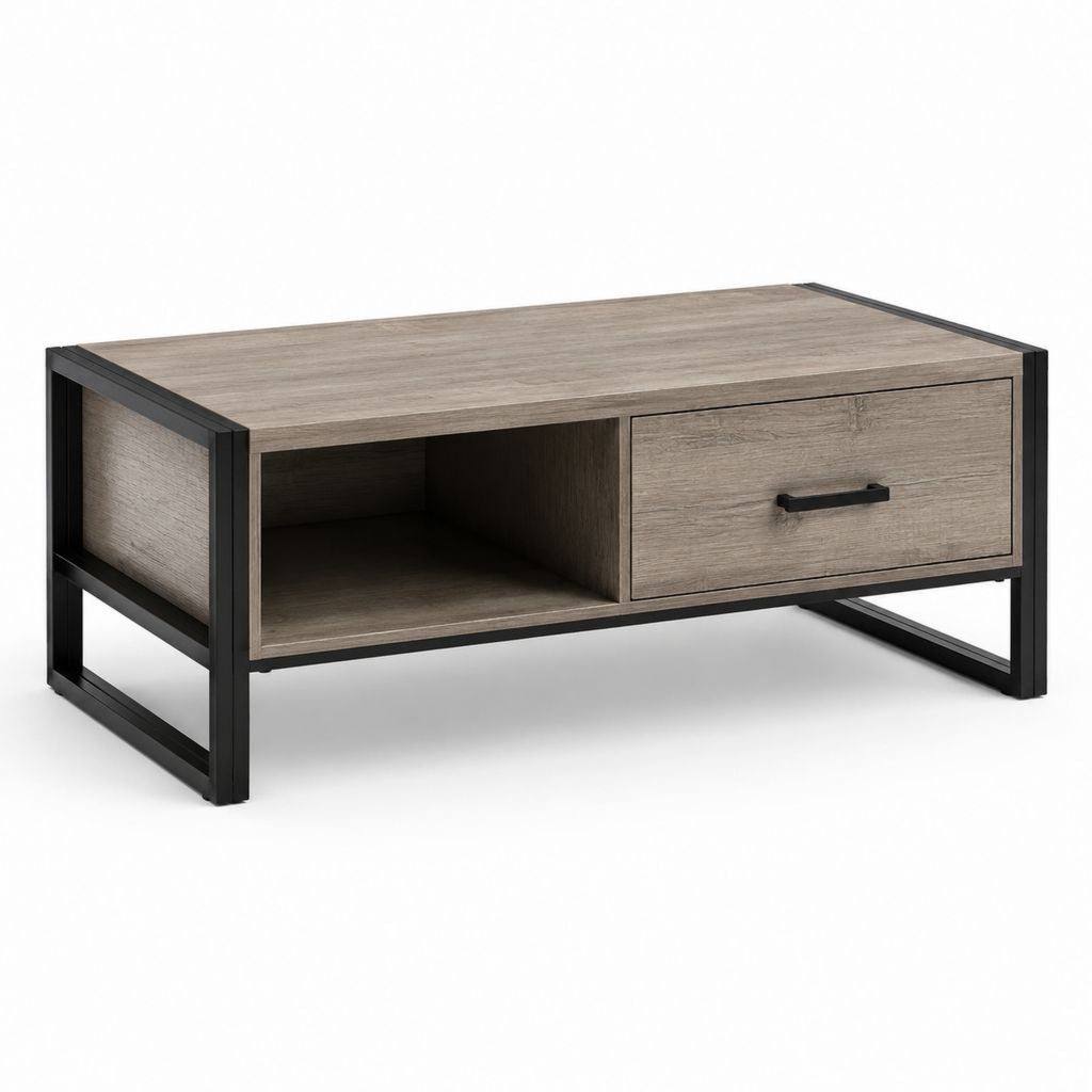 Tavolino da caffè rettangolare grigio effetto rovere in MDF e acciaio 100 x 60 x 45 cm
