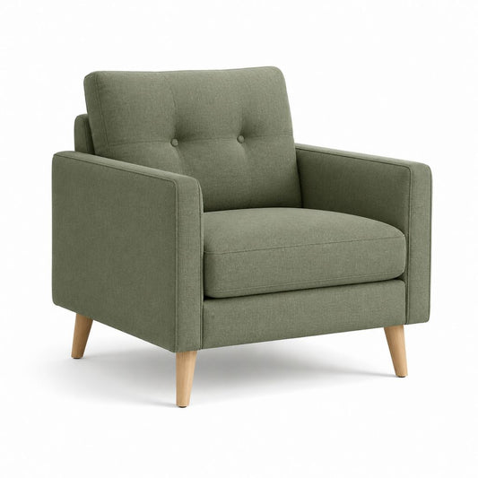 Poltrona imbottita verde in poliestere con braccioli e piedi in legno massello 90 x 84 x 82 cm
