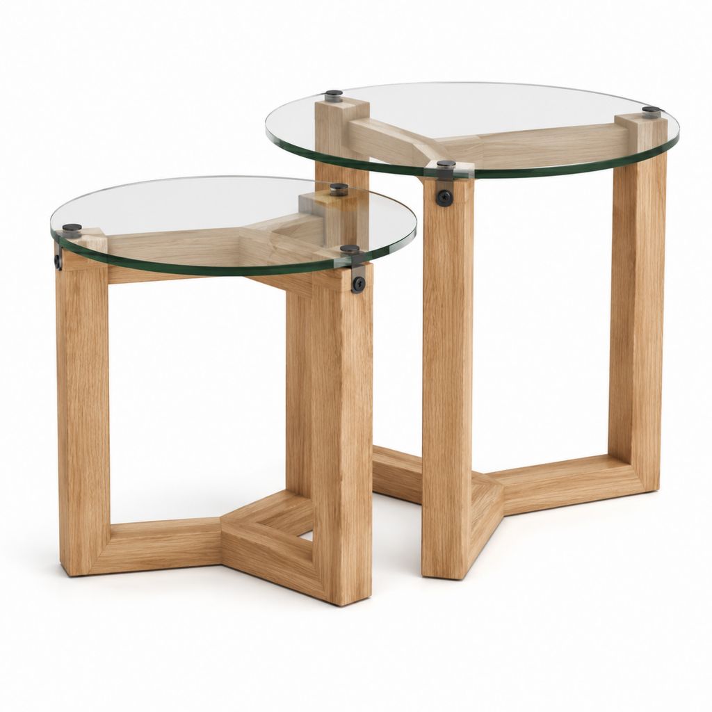 Set 2 tavolini da caffè rotondi in rovere massello e vetro trasparente Ø70 x 55 cm Ø55 x 45 cm